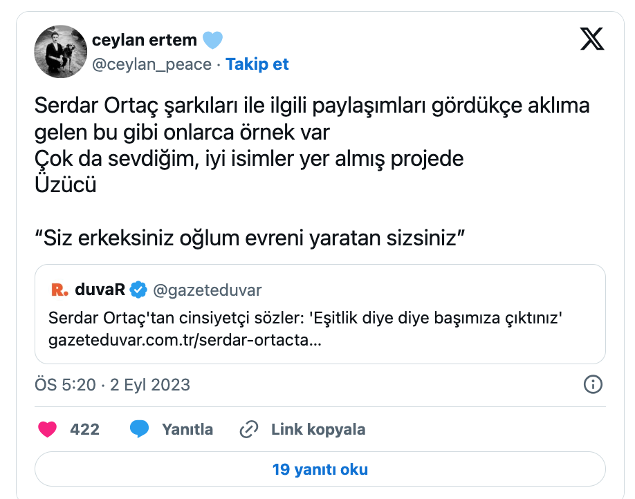 ceylan ertem den serdar ortac in projesinde yer alan sarkicilara tepki